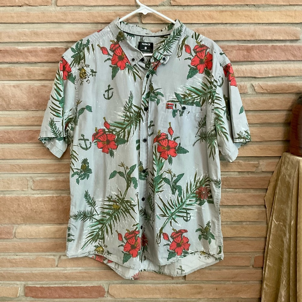 Hurley Cotton Button Down Printed Shirt Hibiscus Anchor Skull XXL